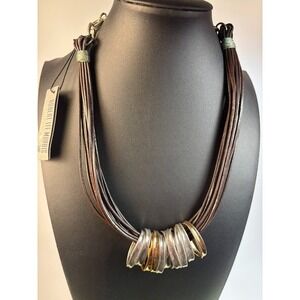 Necklace RLM Soho Signed Multi Strand Leather Hammered Metal Rings Signed